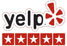 A yelp logo with five stars in front of it.